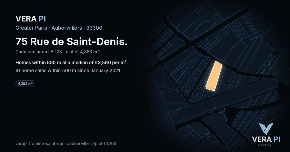 75 Rue de Saint-Denis, Aubervilliers at night – the plot lit, the parcels around coloured by the prices near them