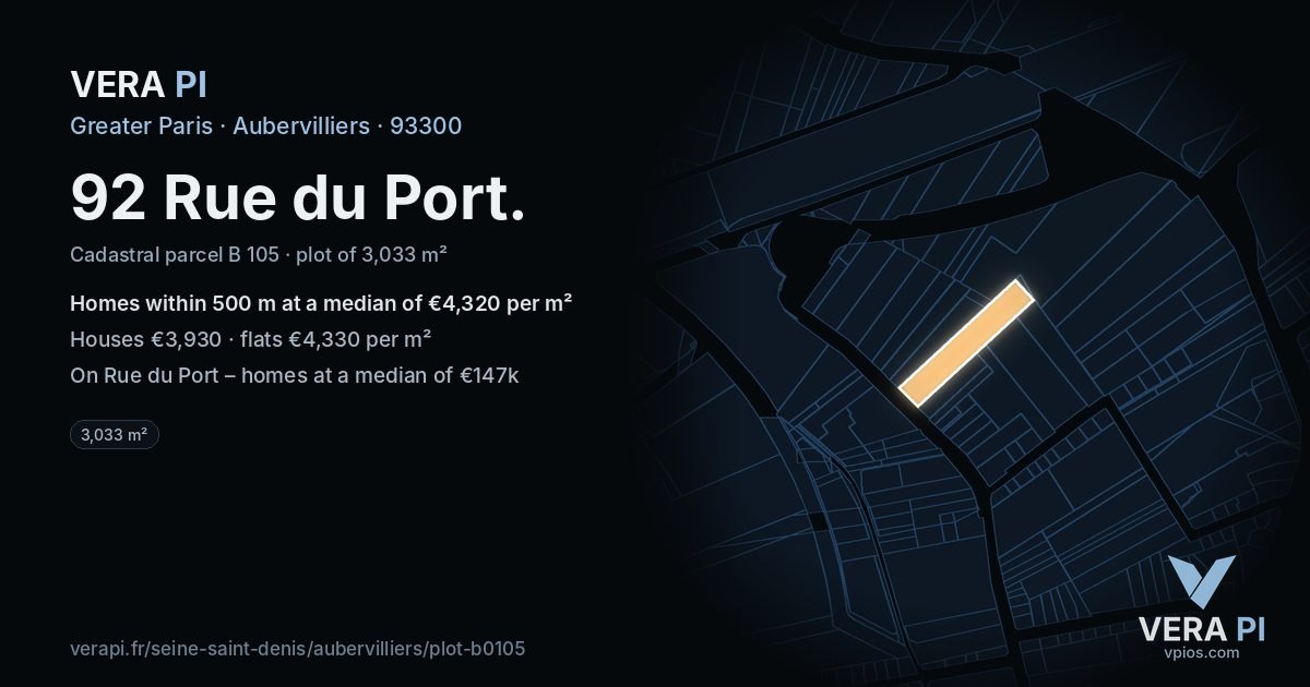 92 Rue du Port, Aubervilliers at night – the plot lit, the parcels around coloured by the prices near them