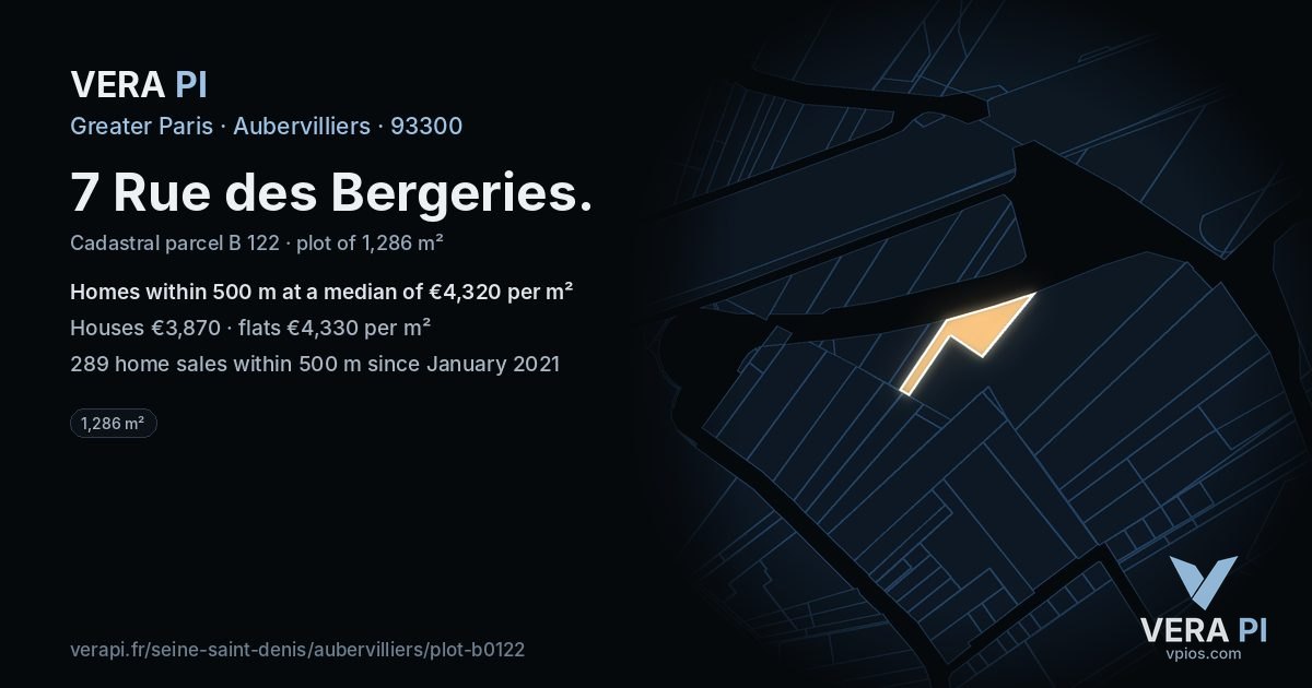 7 Rue des Bergeries, Aubervilliers at night – the plot lit, the parcels around coloured by the prices near them
