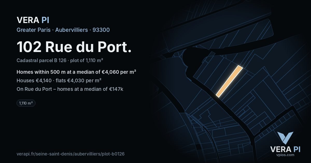 102 Rue du Port, Aubervilliers at night – the plot lit, the parcels around coloured by the prices near them