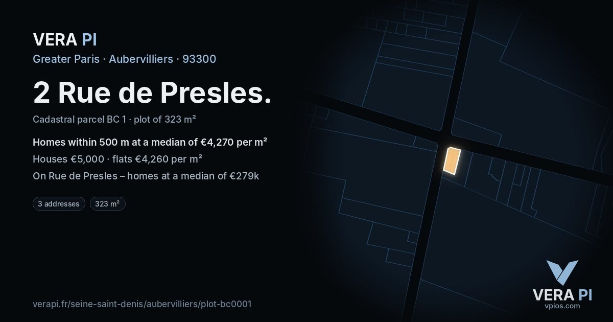 2 Rue de Presles, Aubervilliers at night – the plot lit, the parcels around coloured by the prices near them
