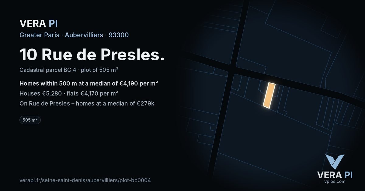 10 Rue de Presles, Aubervilliers at night – the plot lit, the parcels around coloured by the prices near them