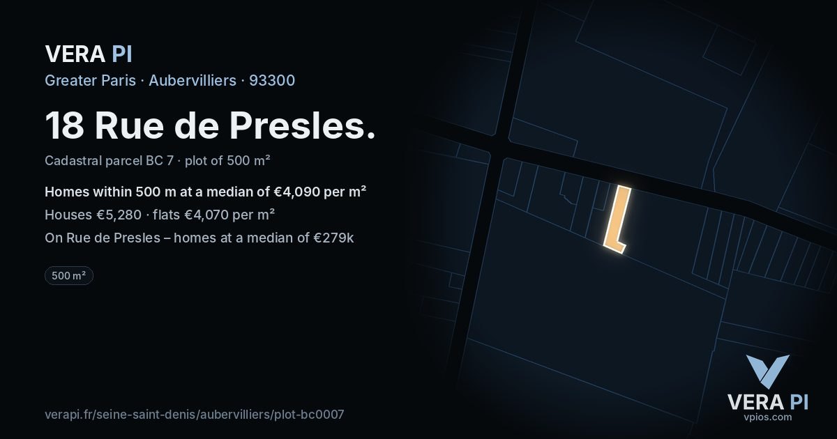 18 Rue de Presles, Aubervilliers at night – the plot lit, the parcels around coloured by the prices near them