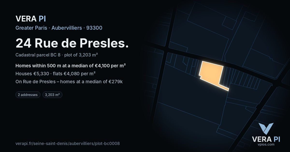 24 Rue de Presles, Aubervilliers at night – the plot lit, the parcels around coloured by the prices near them