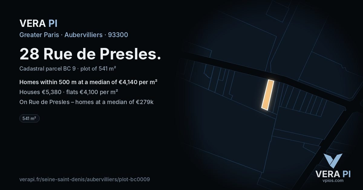 28 Rue de Presles, Aubervilliers at night – the plot lit, the parcels around coloured by the prices near them