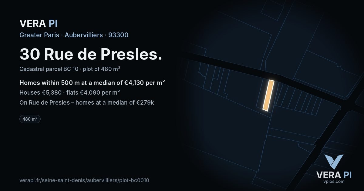 30 Rue de Presles, Aubervilliers at night – the plot lit, the parcels around coloured by the prices near them