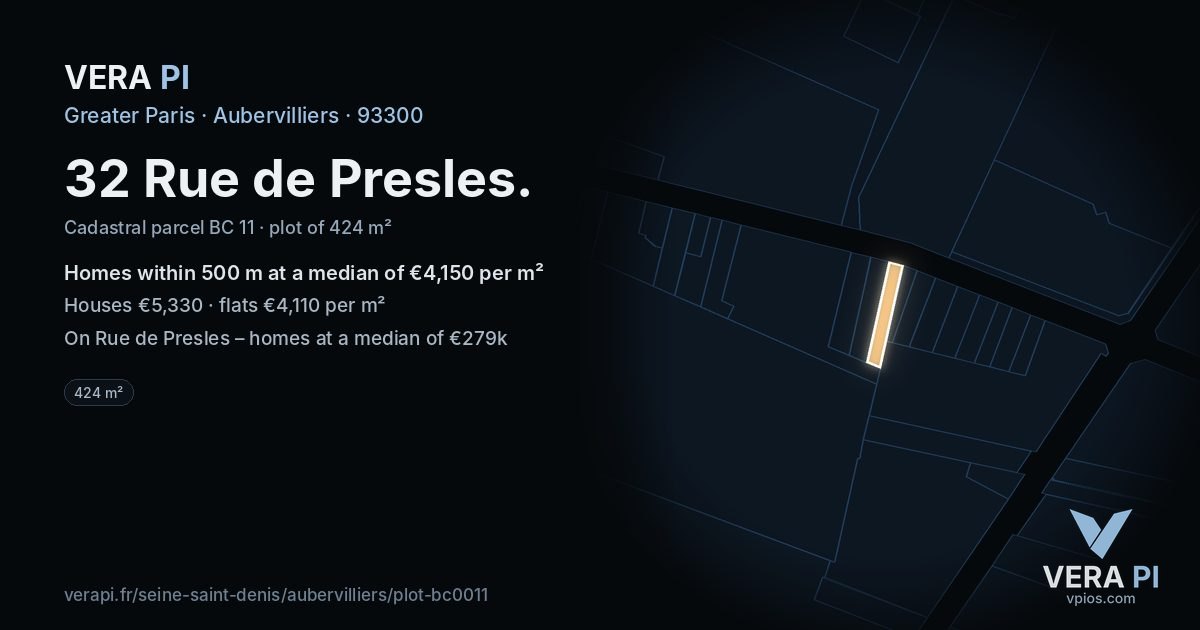 32 Rue de Presles, Aubervilliers at night – the plot lit, the parcels around coloured by the prices near them