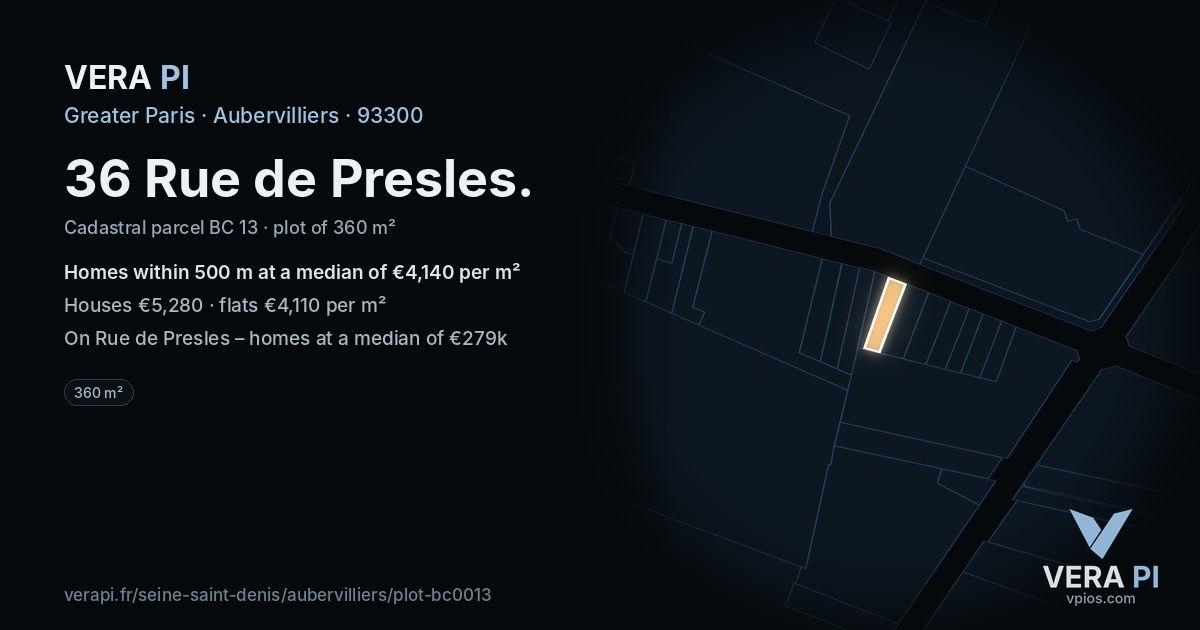 36 Rue de Presles, Aubervilliers at night – the plot lit, the parcels around coloured by the prices near them