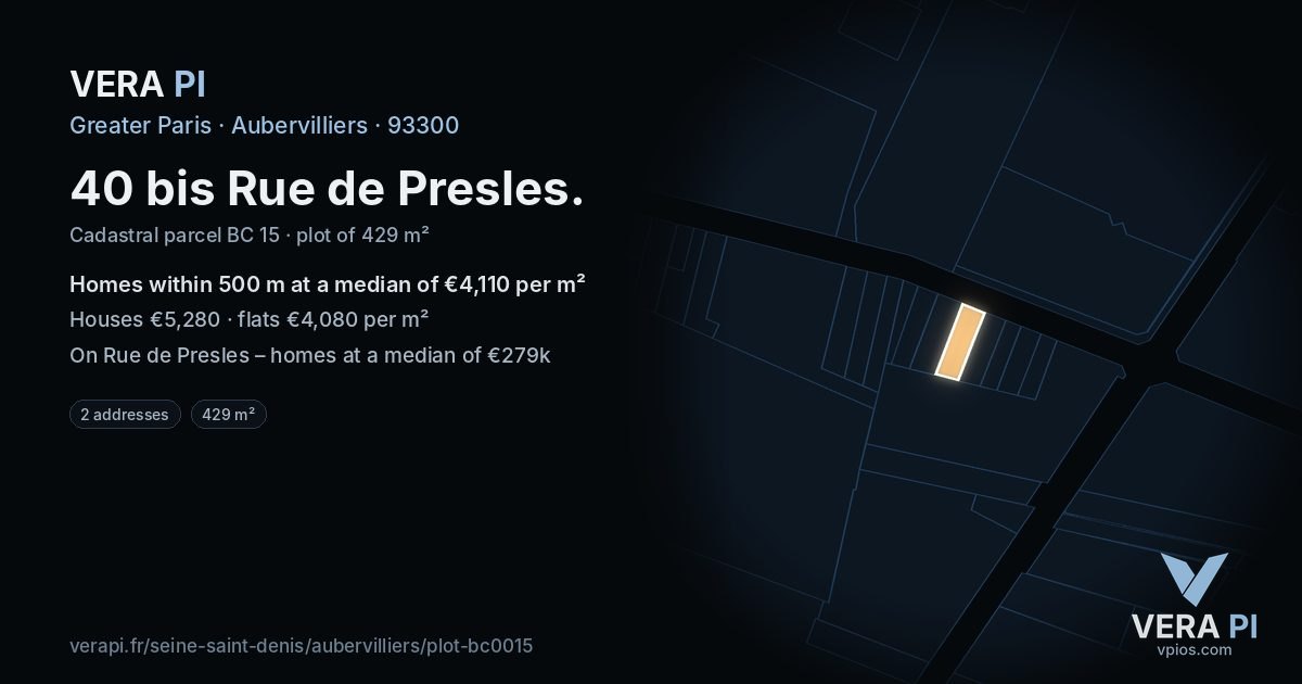 40 bis Rue de Presles, Aubervilliers at night – the plot lit, the parcels around coloured by the prices near them
