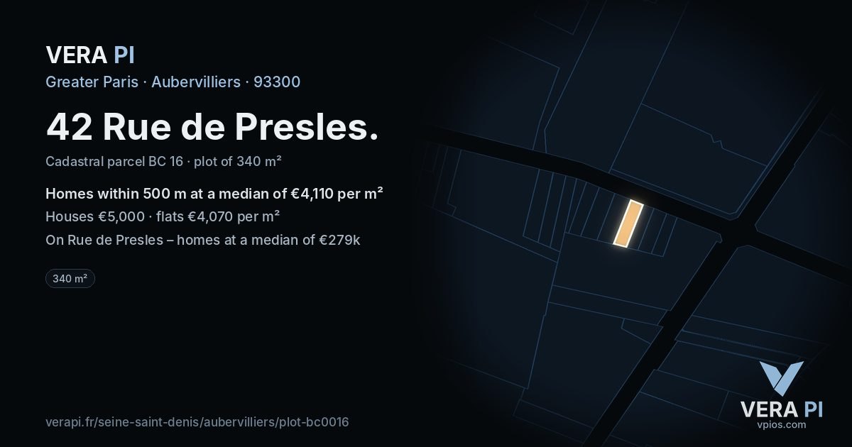 42 Rue de Presles, Aubervilliers at night – the plot lit, the parcels around coloured by the prices near them