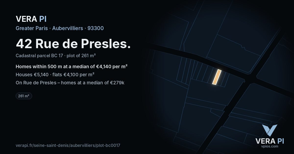 42 Rue de Presles, Aubervilliers at night – the plot lit, the parcels around coloured by the prices near them