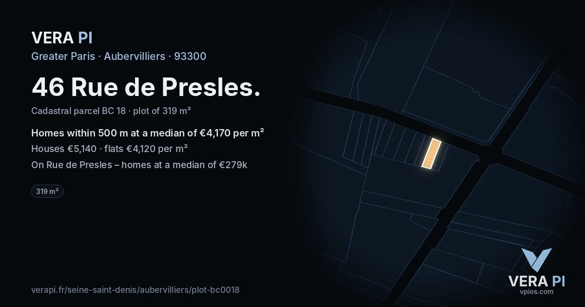 46 Rue de Presles, Aubervilliers at night – the plot lit, the parcels around coloured by the prices near them