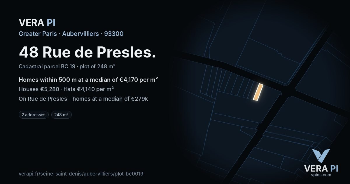 48 Rue de Presles, Aubervilliers at night – the plot lit, the parcels around coloured by the prices near them