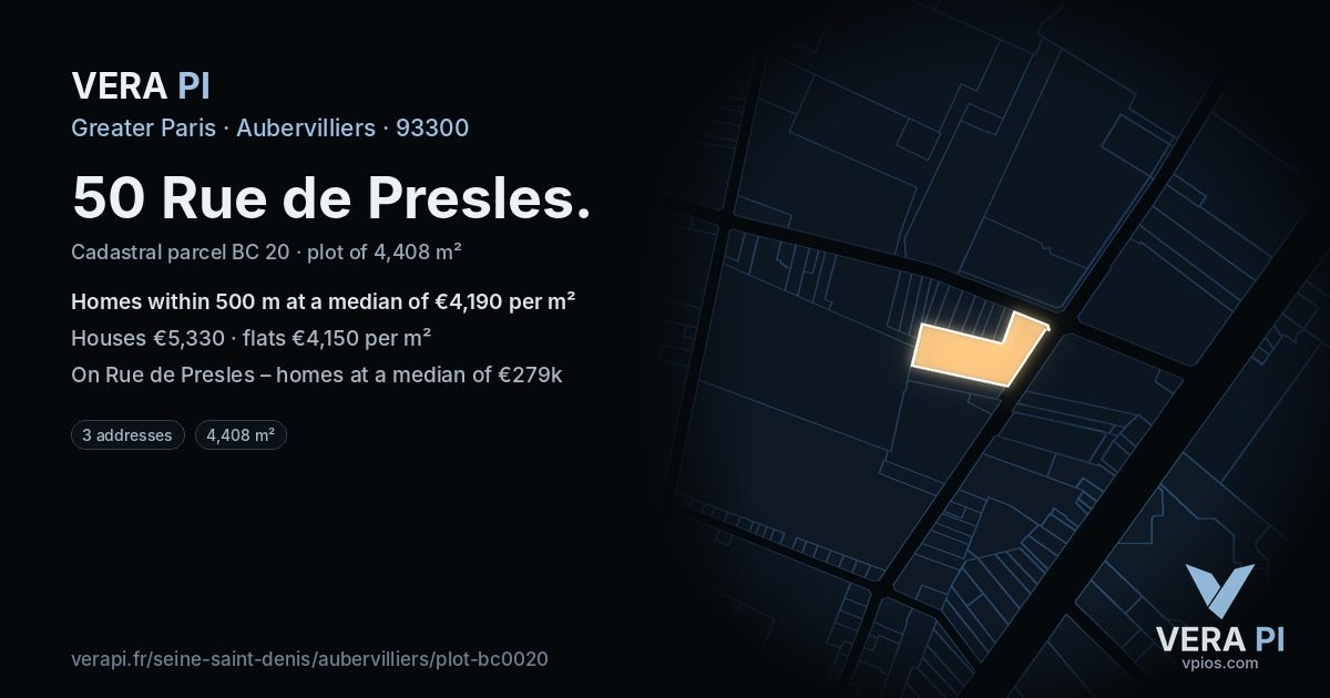 50 Rue de Presles, Aubervilliers at night – the plot lit, the parcels around coloured by the prices near them