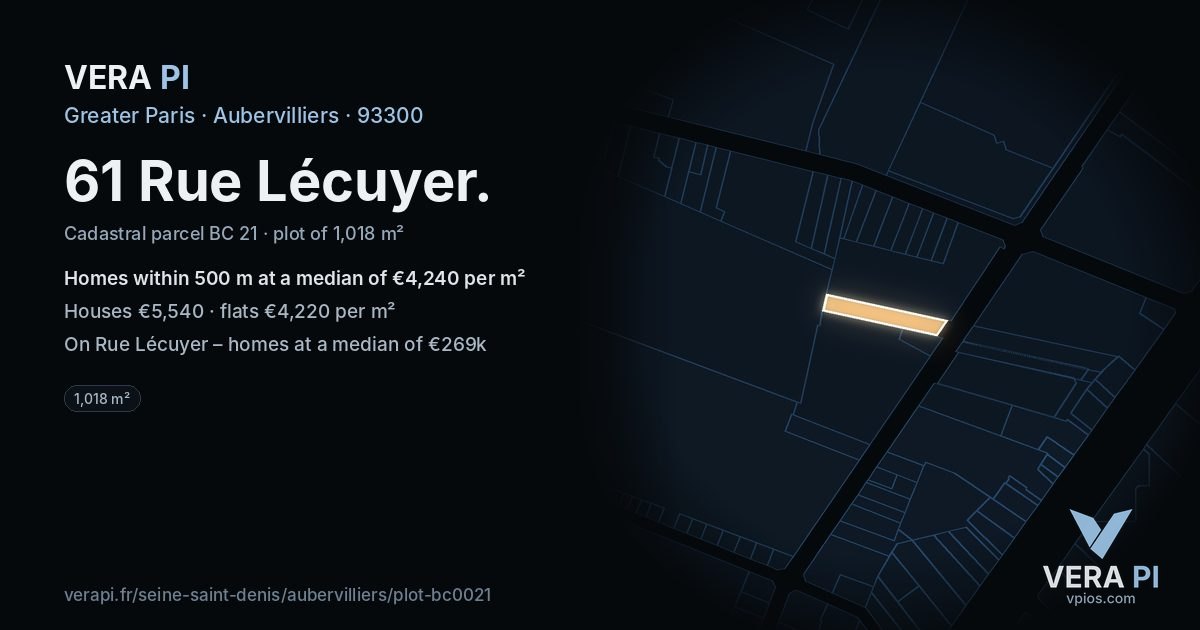 61 Rue Lécuyer, Aubervilliers at night – the plot lit, the parcels around coloured by the prices near them