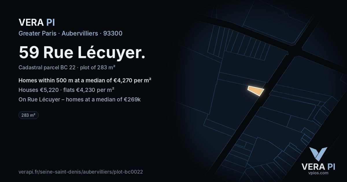 59 Rue Lécuyer, Aubervilliers at night – the plot lit, the parcels around coloured by the prices near them