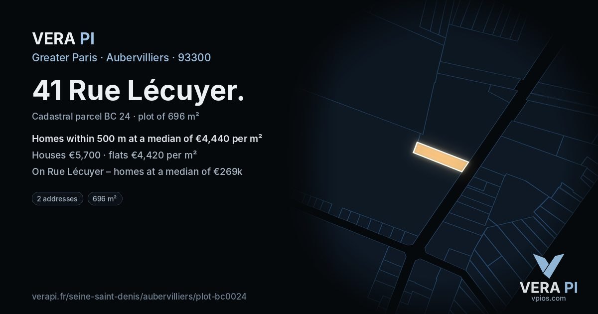41 Rue Lécuyer, Aubervilliers at night – the plot lit, the parcels around coloured by the prices near them