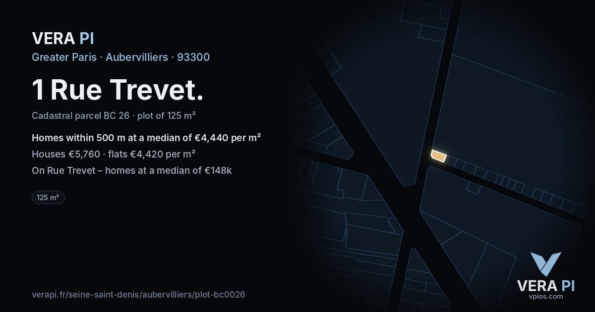 1 Rue Trevet, Aubervilliers at night – the plot lit, the parcels around coloured by the prices near them