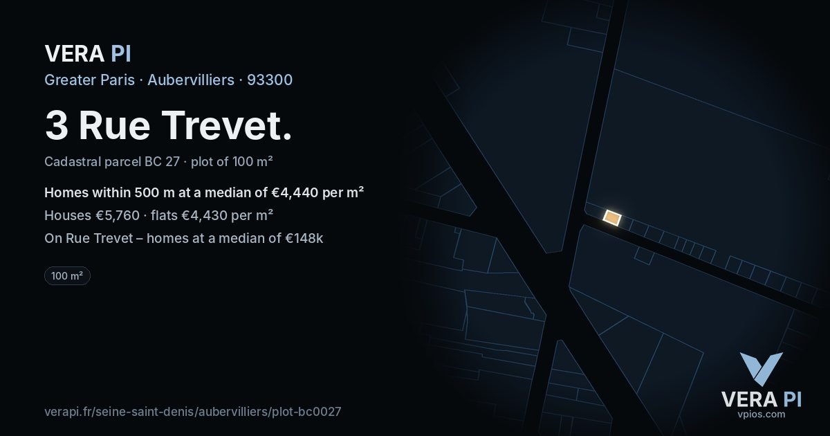 3 Rue Trevet, Aubervilliers at night – the plot lit, the parcels around coloured by the prices near them