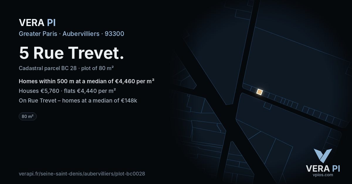 5 Rue Trevet, Aubervilliers at night – the plot lit, the parcels around coloured by the prices near them