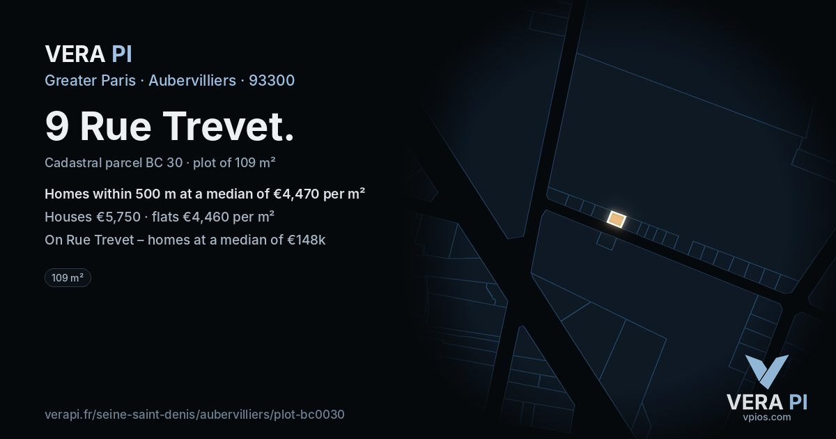 9 Rue Trevet, Aubervilliers at night – the plot lit, the parcels around coloured by the prices near them