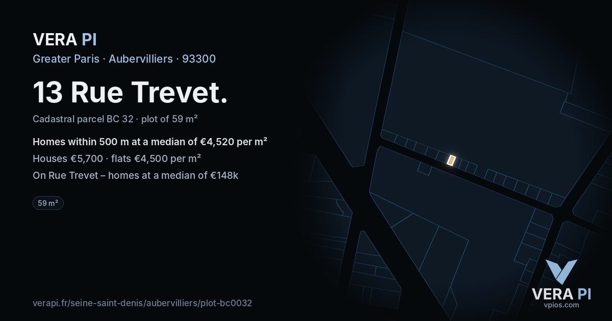 13 Rue Trevet, Aubervilliers at night – the plot lit, the parcels around coloured by the prices near them