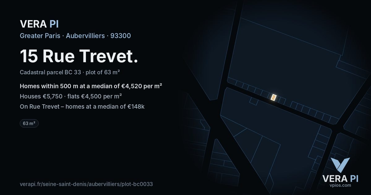 15 Rue Trevet, Aubervilliers at night – the plot lit, the parcels around coloured by the prices near them