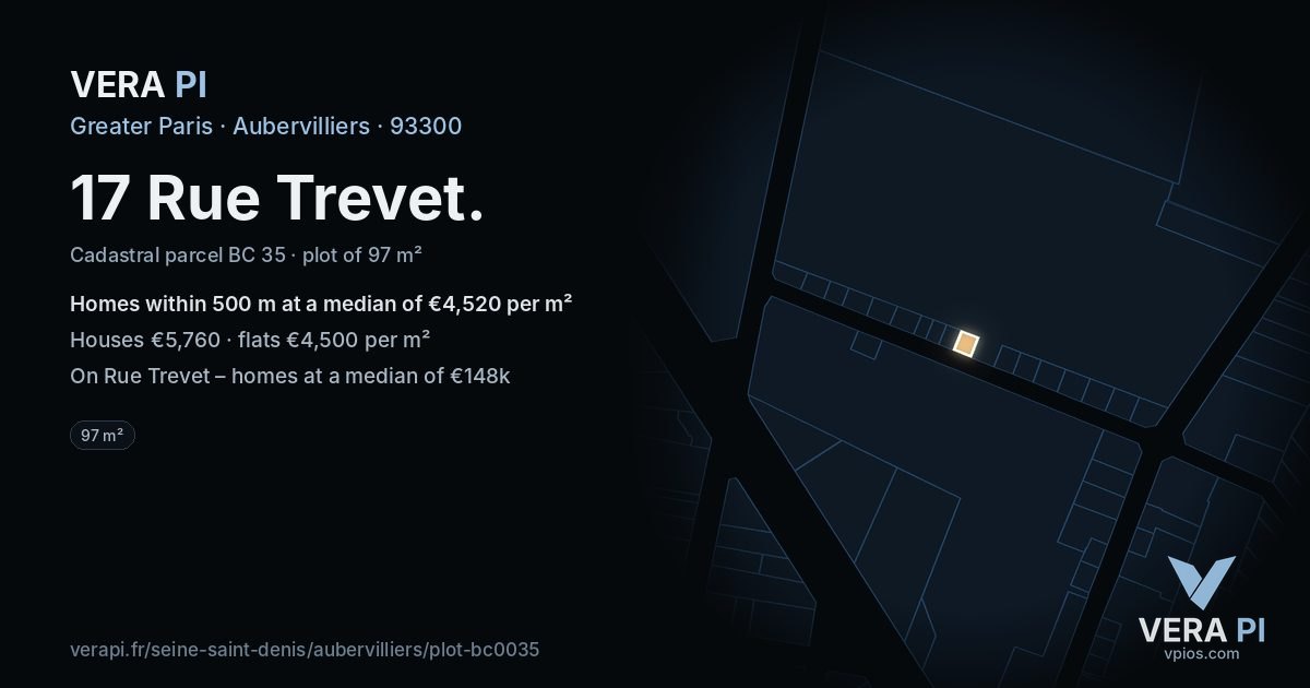 17 Rue Trevet, Aubervilliers at night – the plot lit, the parcels around coloured by the prices near them