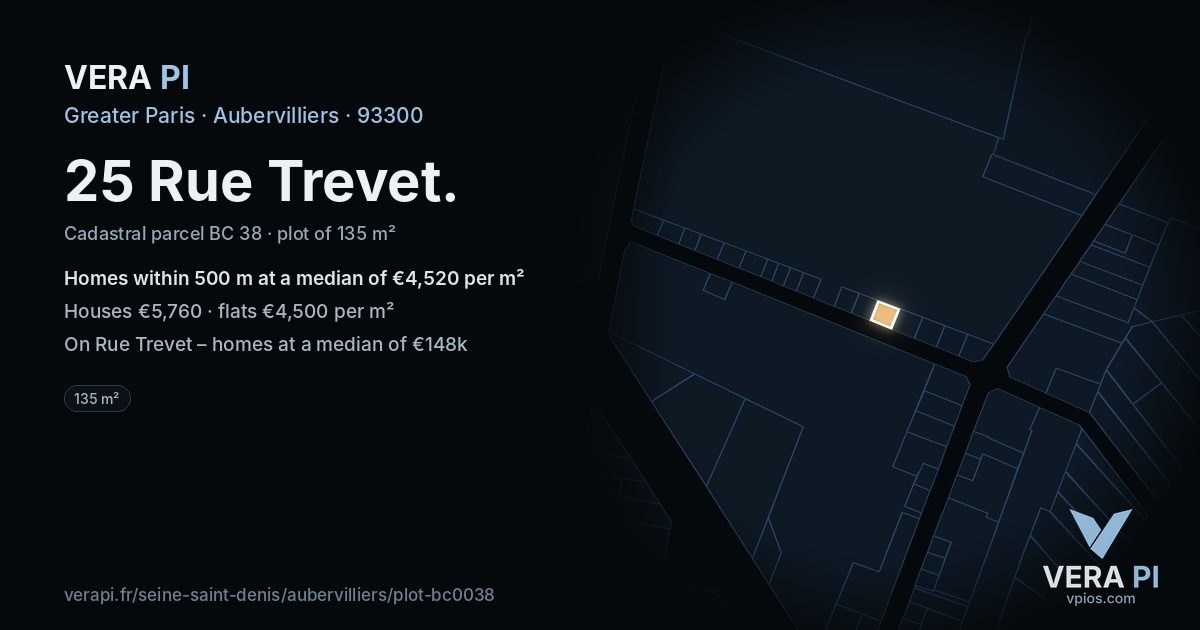 25 Rue Trevet, Aubervilliers at night – the plot lit, the parcels around coloured by the prices near them
