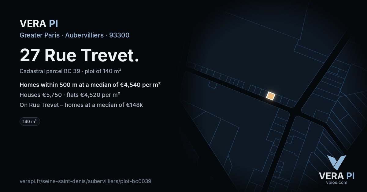 27 Rue Trevet, Aubervilliers at night – the plot lit, the parcels around coloured by the prices near them