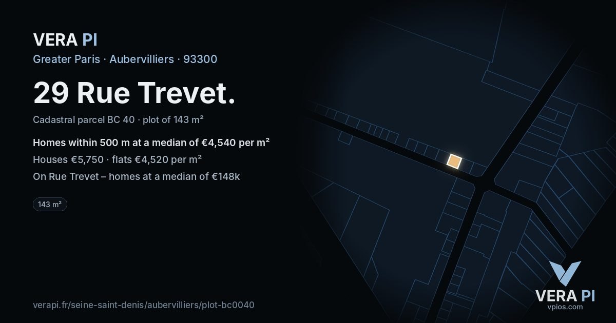 29 Rue Trevet, Aubervilliers at night – the plot lit, the parcels around coloured by the prices near them