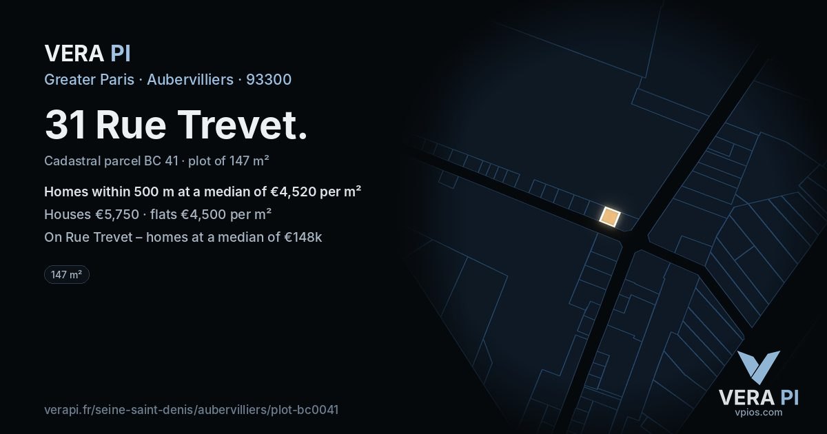 31 Rue Trevet, Aubervilliers at night – the plot lit, the parcels around coloured by the prices near them