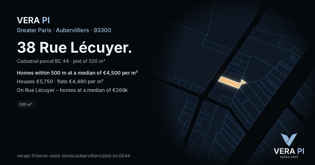 38 Rue Lécuyer, Aubervilliers at night – the plot lit, the parcels around coloured by the prices near them
