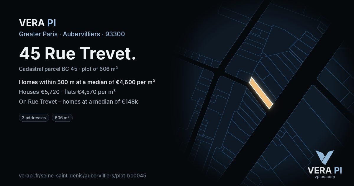 45 Rue Trevet, Aubervilliers at night – the plot lit, the parcels around coloured by the prices near them