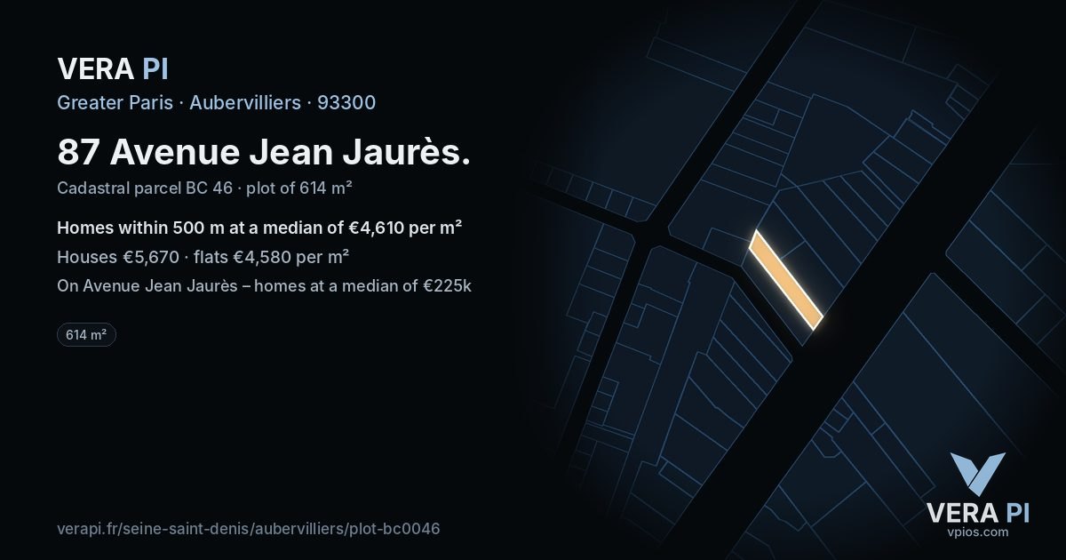 87 Avenue Jean Jaurès, Aubervilliers at night – the plot lit, the parcels around coloured by the prices near them