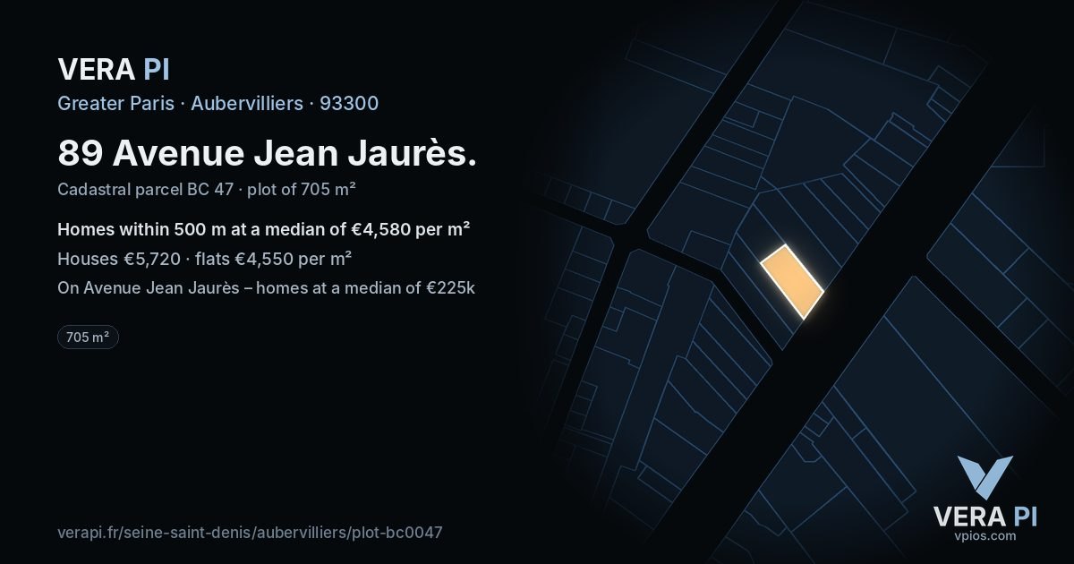 89 Avenue Jean Jaurès, Aubervilliers at night – the plot lit, the parcels around coloured by the prices near them