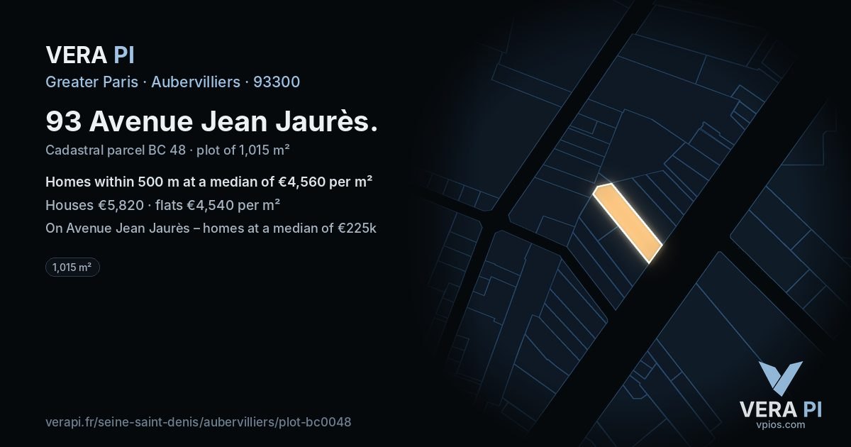 93 Avenue Jean Jaurès, Aubervilliers at night – the plot lit, the parcels around coloured by the prices near them