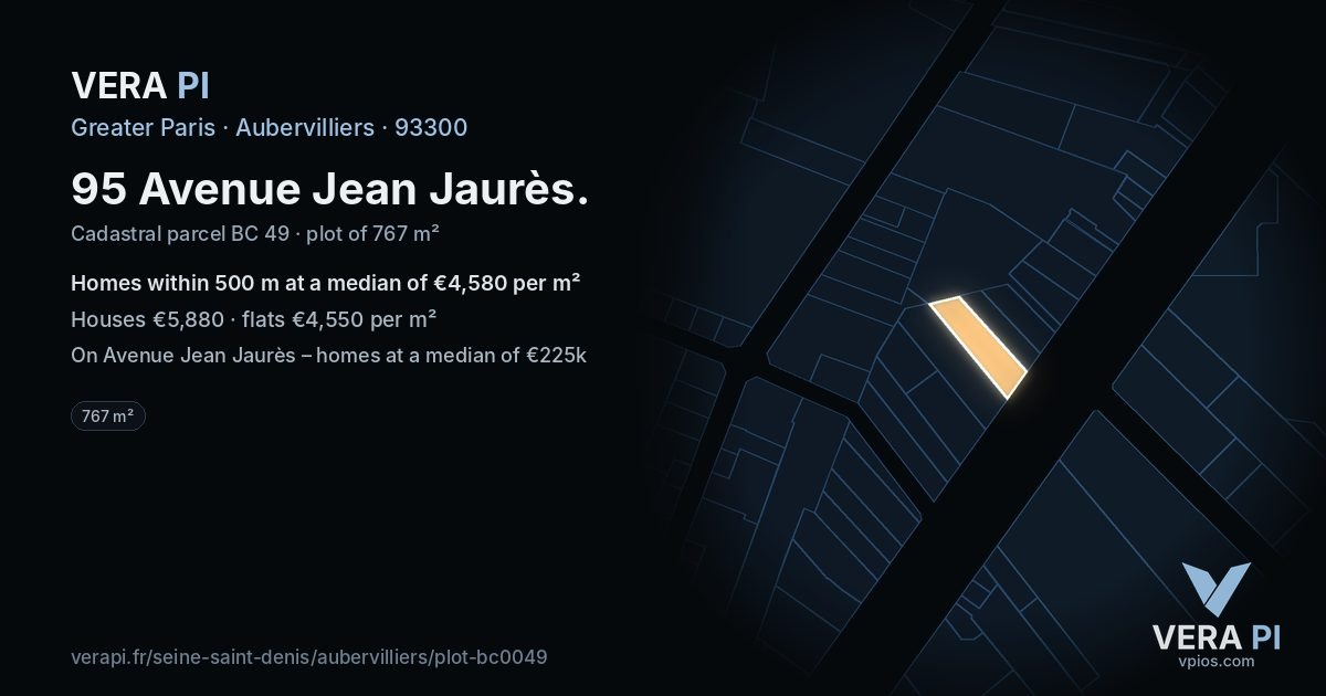 95 Avenue Jean Jaurès, Aubervilliers at night – the plot lit, the parcels around coloured by the prices near them