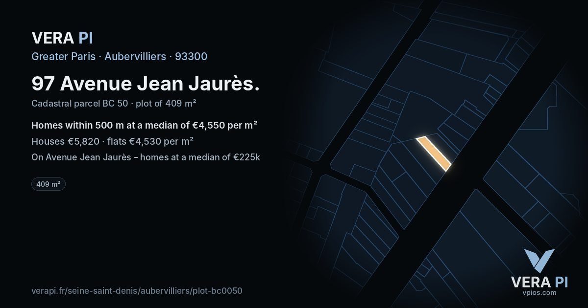 97 Avenue Jean Jaurès, Aubervilliers at night – the plot lit, the parcels around coloured by the prices near them