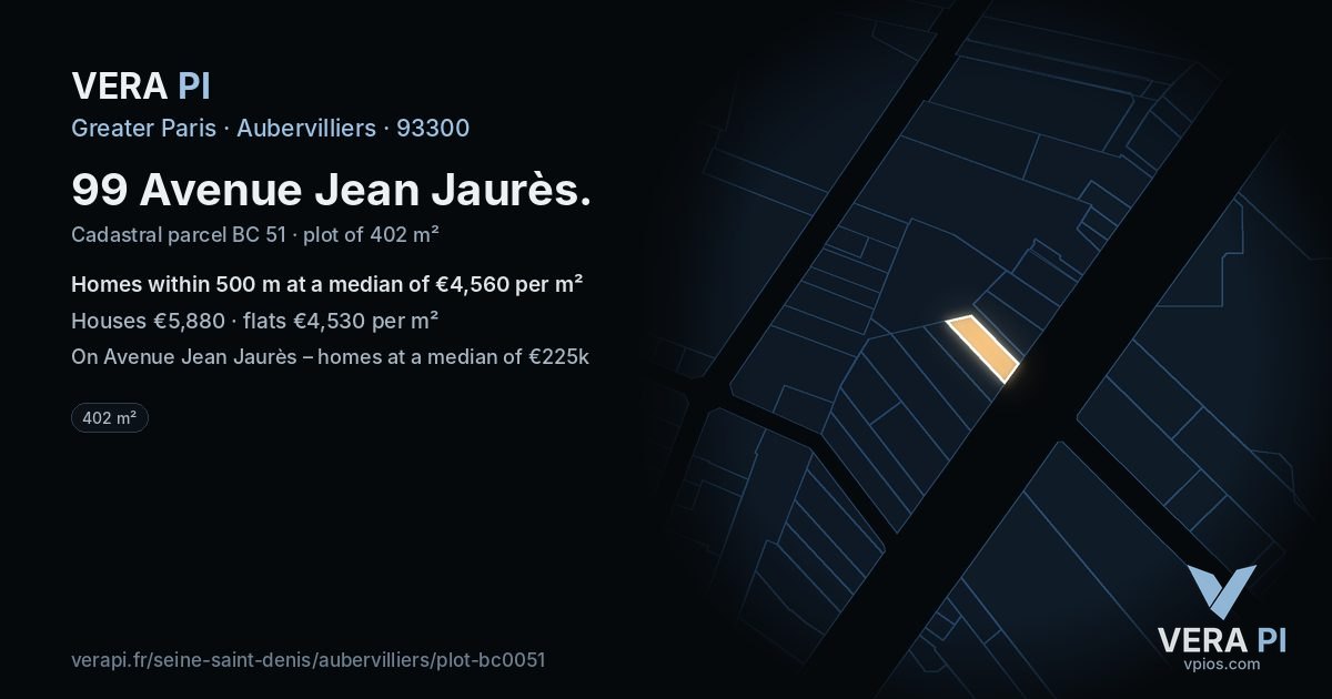 99 Avenue Jean Jaurès, Aubervilliers at night – the plot lit, the parcels around coloured by the prices near them