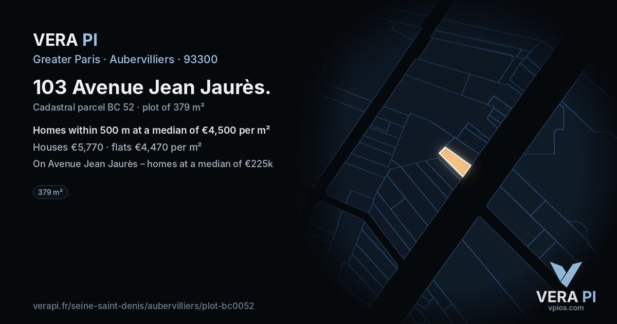 103 Avenue Jean Jaurès, Aubervilliers at night – the plot lit, the parcels around coloured by the prices near them