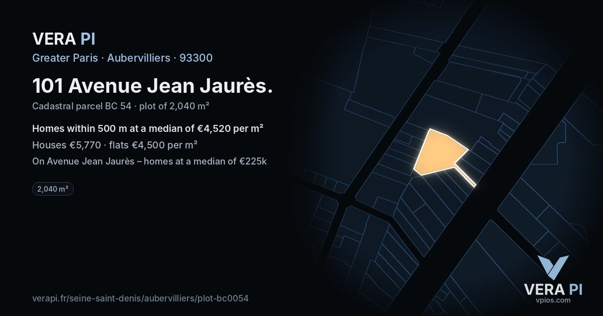 101 Avenue Jean Jaurès, Aubervilliers at night – the plot lit, the parcels around coloured by the prices near them