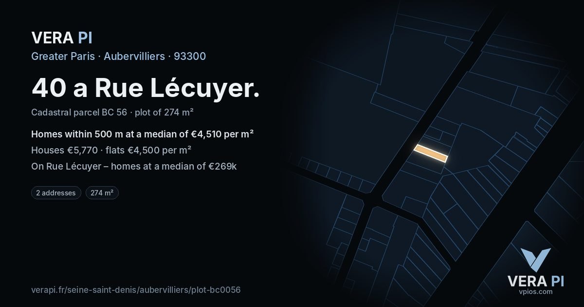 40 a Rue Lécuyer, Aubervilliers at night – the plot lit, the parcels around coloured by the prices near them