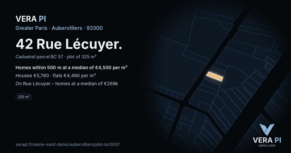 42 Rue Lécuyer, Aubervilliers at night – the plot lit, the parcels around coloured by the prices near them