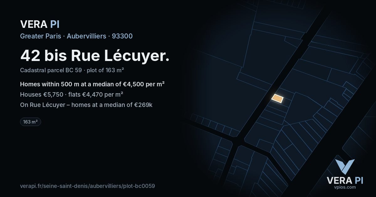 42 bis Rue Lécuyer, Aubervilliers at night – the plot lit, the parcels around coloured by the prices near them