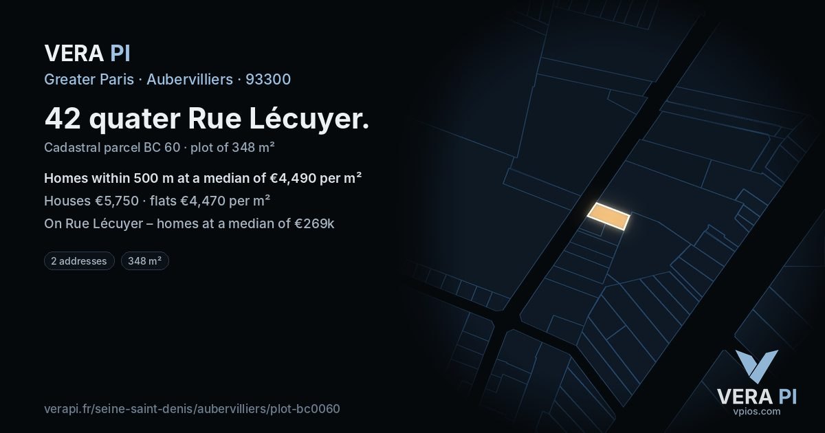 42 quater Rue Lécuyer, Aubervilliers at night – the plot lit, the parcels around coloured by the prices near them