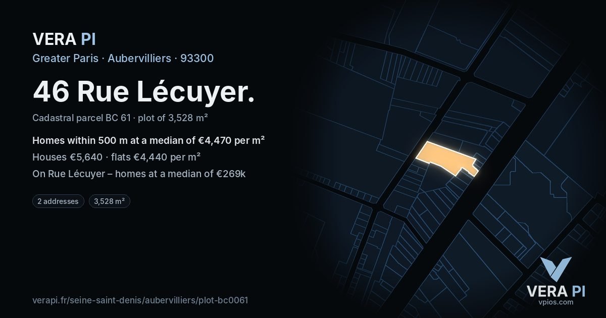 46 Rue Lécuyer, Aubervilliers at night – the plot lit, the parcels around coloured by the prices near them