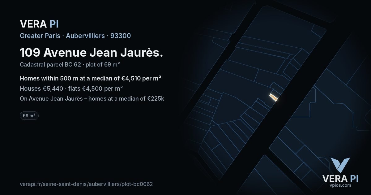 109 Avenue Jean Jaurès, Aubervilliers at night – the plot lit, the parcels around coloured by the prices near them