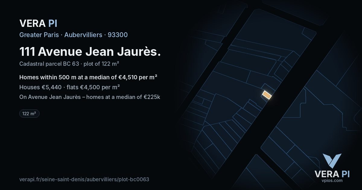 111 Avenue Jean Jaurès, Aubervilliers at night – the plot lit, the parcels around coloured by the prices near them