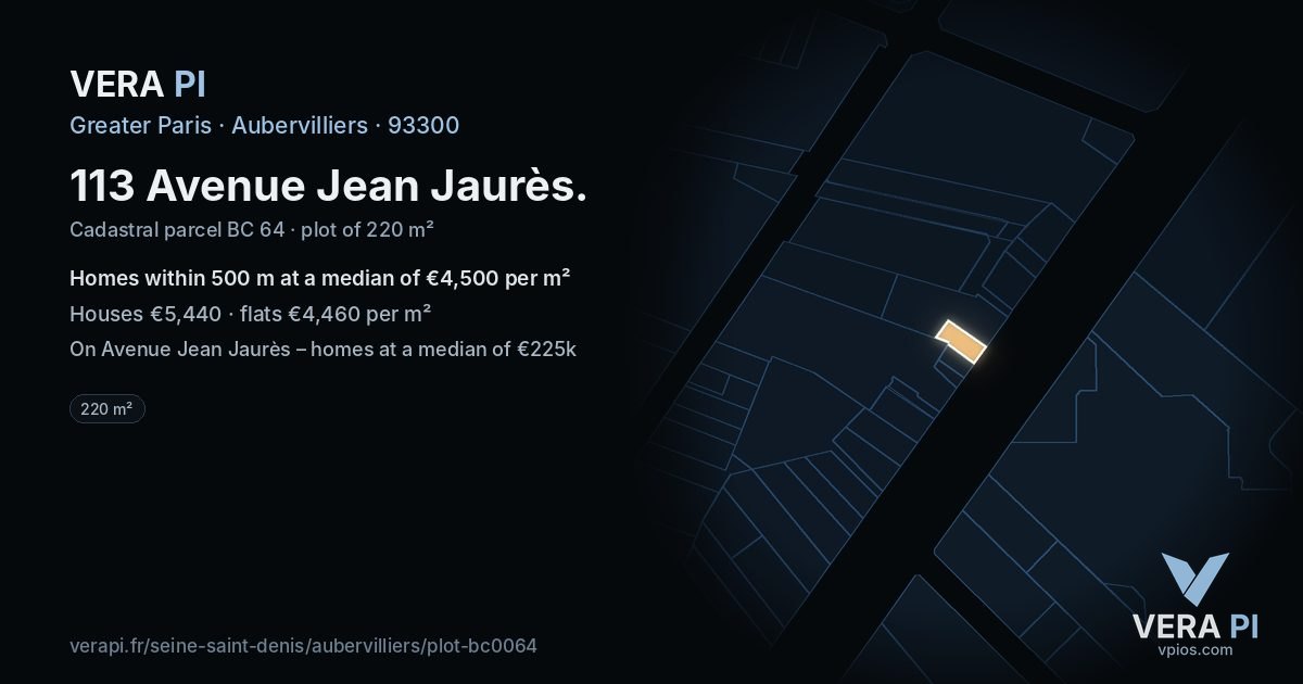 113 Avenue Jean Jaurès, Aubervilliers at night – the plot lit, the parcels around coloured by the prices near them